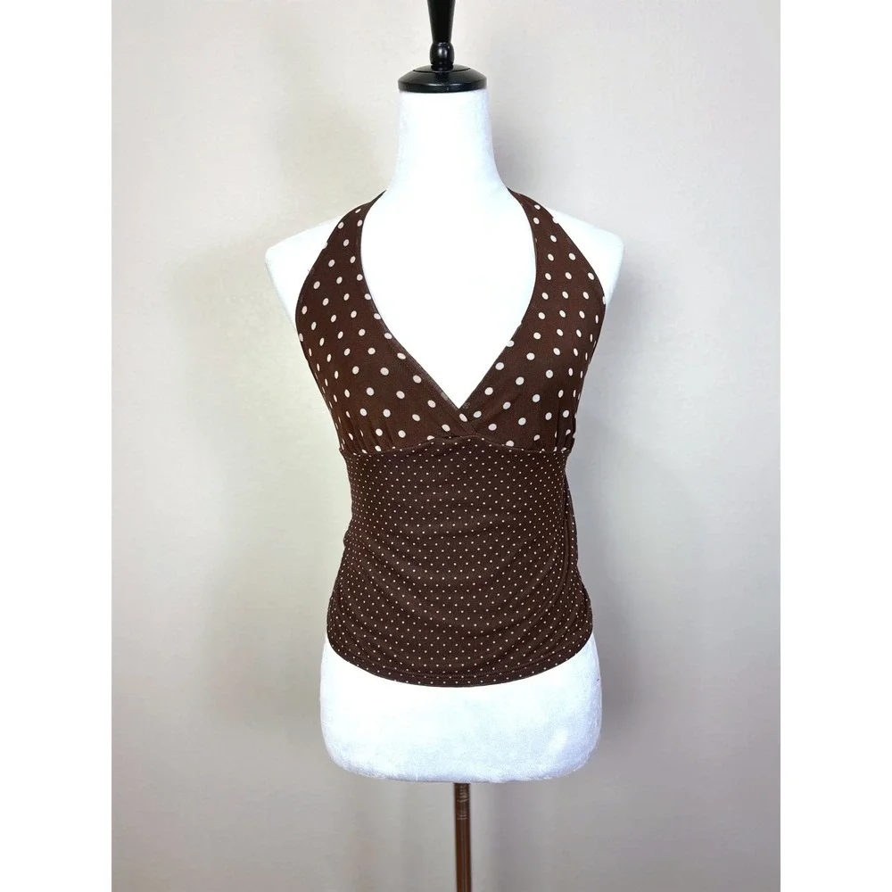 Y2K Sheer Brown & Cream Polka Dot Halter Top Shirt Size Medium Lined Stretchy - Picture 1 of 4
